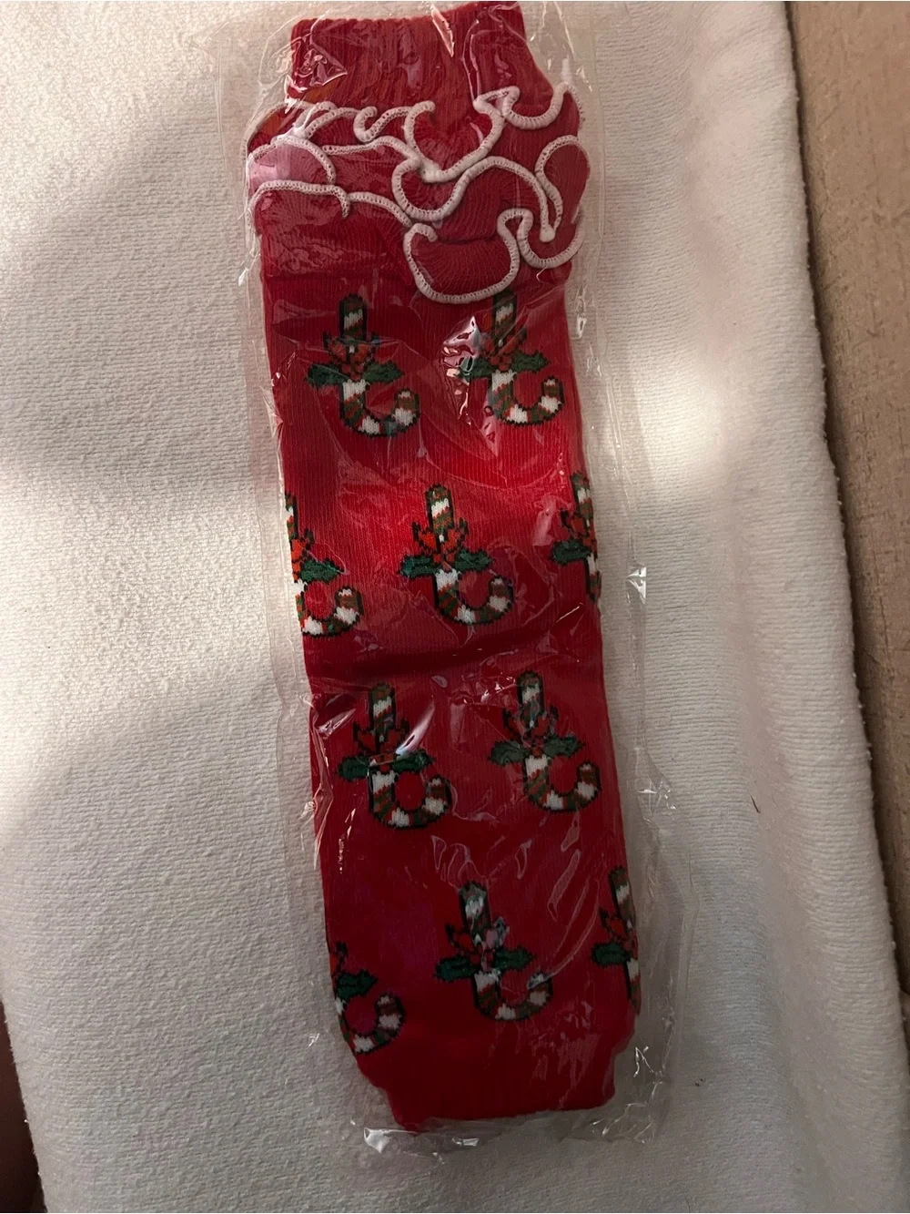 Kids Red Ruffle Top Socks with Candy Cane Motif